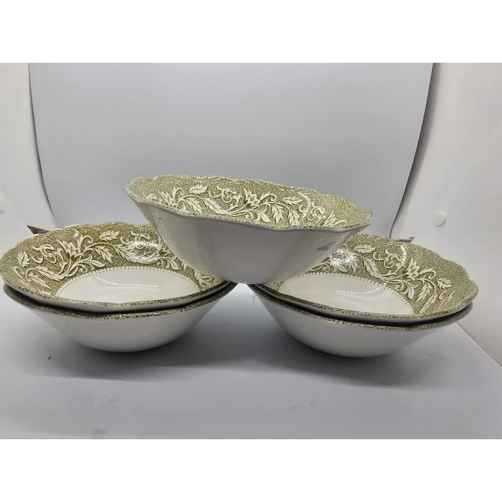5 Vintage J&G Meakin England Sterling Renaissance Green Soup Cereal Bowls 6.5